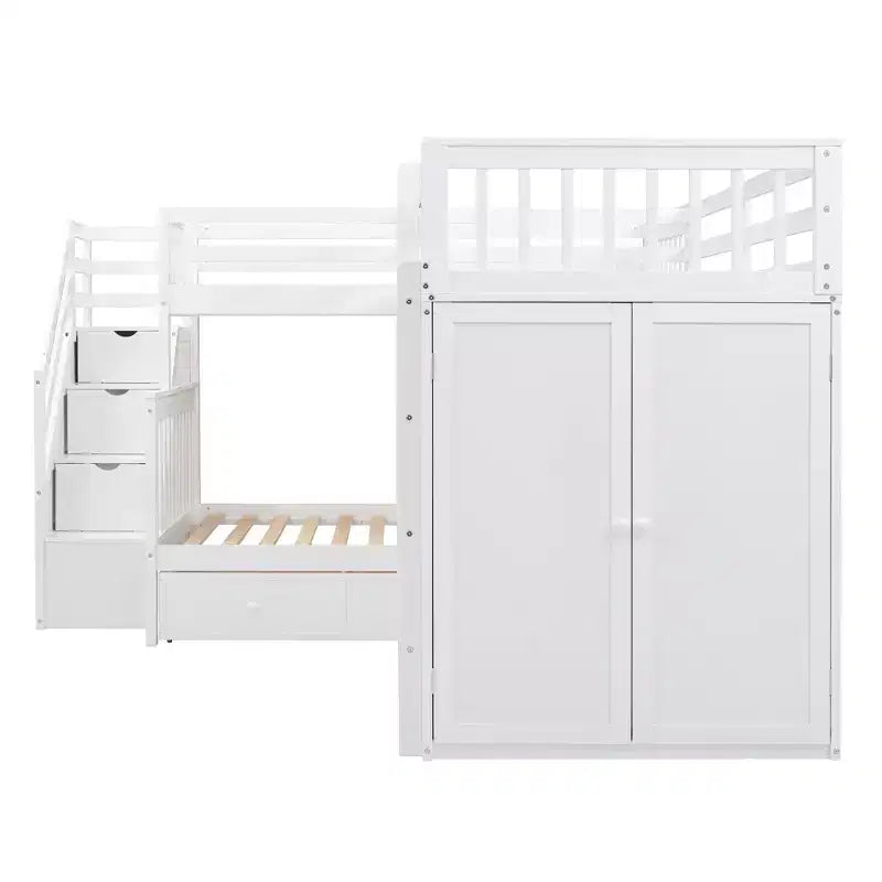 Lit superposé en L Luxystar avec trois couchages (deux lits superposés jumeaux et un lit double), tiroirs, bureau, étagères et armoire