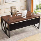 Bureau d'ordinateur Lantine de 63 po avec étagère de rangement inférieure, noyer foncé et pieds en acier, pour poste de travail à domicile; armoire non incluse.