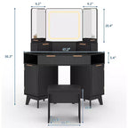 Coiffeuse d'angle avec lumières, 120 cm, en bois, avec miroir triptyque et plateau en verre, ensemble de coiffeuse avec tabouret pour chambre.