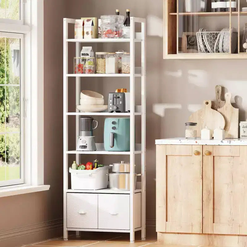 Étagère moderne de 180 cm de haut à 6 niveaux avec deux tiroirs, bibliothèque autonome en bois et métal, organisateur de rangement pour la maison, le bureau, le salon, blanc