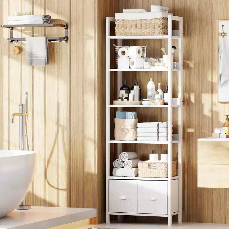 Étagère moderne de 180 cm de haut à 6 niveaux avec deux tiroirs, bibliothèque autonome en bois et métal, organisateur de rangement pour la maison, le bureau, le salon, blanc