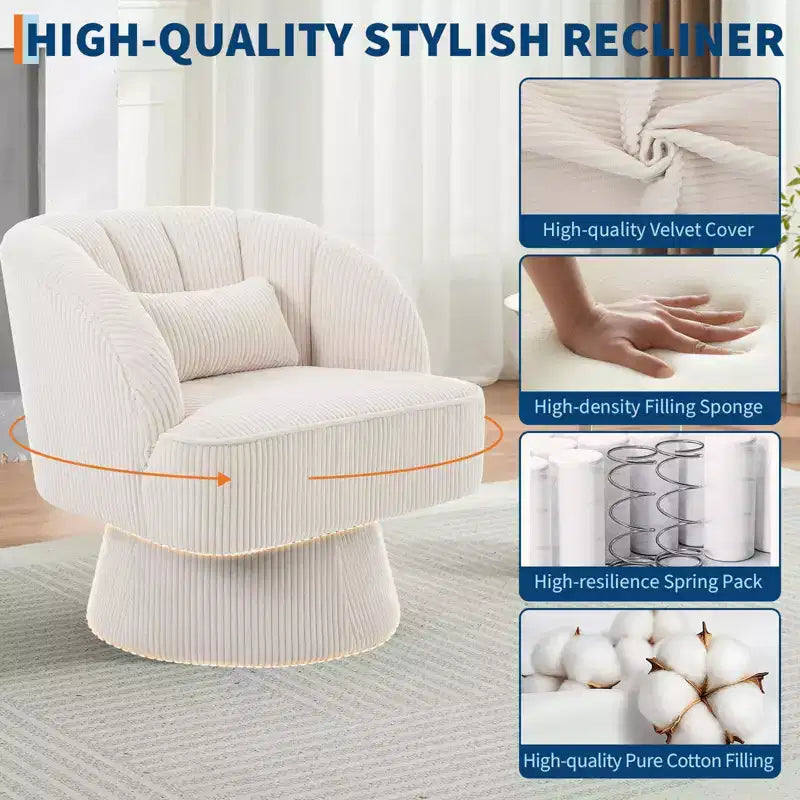 Fauteuil d'appoint pivotant ultra moelleux, fauteuil de salon 360 baril avec rembourrage nuage, dossier rayé, velours côtelé, beige