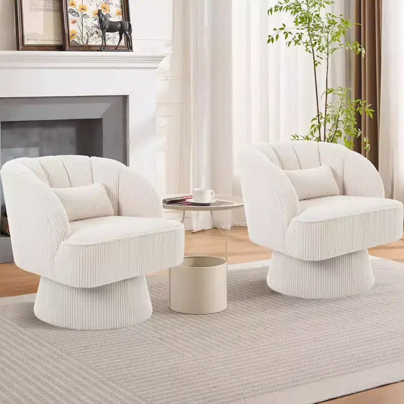 Fauteuil d'appoint pivotant ultra moelleux, fauteuil de salon 360 baril avec rembourrage nuage, dossier rayé, velours côtelé, beige