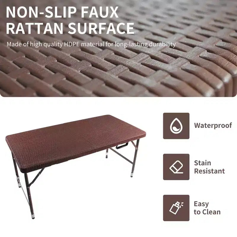 Table de jeu pliante en rotin d'extérieur Whisen 4ft, Table de cartes portable en plastique étanche pour terrasse, Table de banquet pliante haute capacité de charge