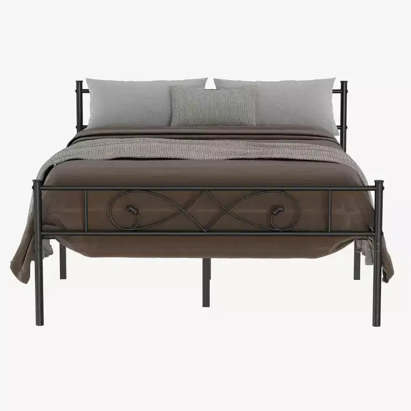 Cadre de lit plateforme en métal, taille double, avec tête et pied de lit au design poing, rangement sous le lit
