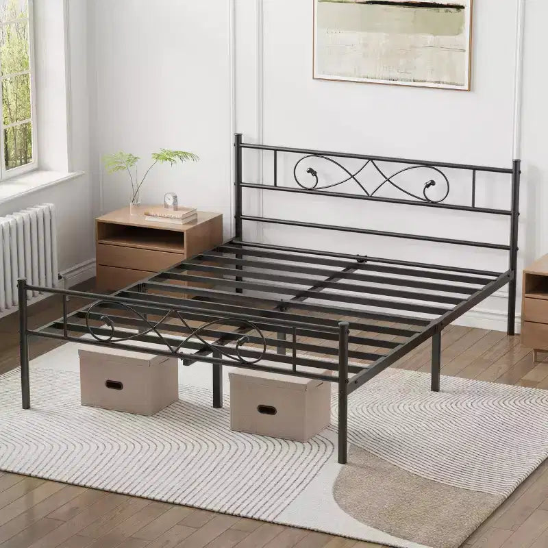 Cadre de lit plateforme en métal, taille double, avec tête et pied de lit au design poing, rangement sous le lit