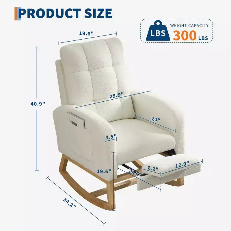Fauteuil à bascule moderne pour chambre d'enfant, fauteuil à bascule en lin avec port USB et pochette latérale, fauteuil à bascule planeur pour salon, chambre à coucher, salle d'allaitement