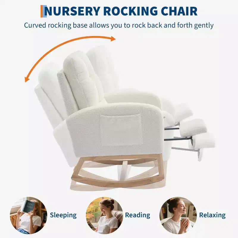 Fauteuil à bascule moderne pour chambre d'enfant, fauteuil à bascule en lin avec port USB et pochette latérale, fauteuil à bascule planeur pour salon, chambre à coucher, salle d'allaitement