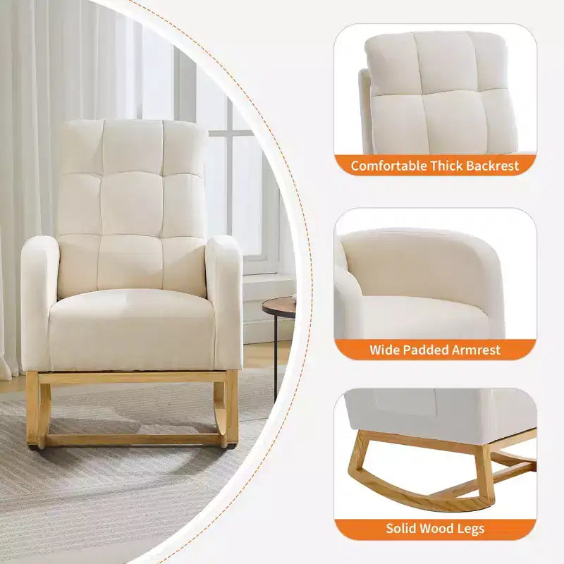 Fauteuil à bascule moderne pour chambre d'enfant, fauteuil à bascule en lin avec port USB et pochette latérale, fauteuil à bascule planeur pour salon, chambre à coucher, salle d'allaitement