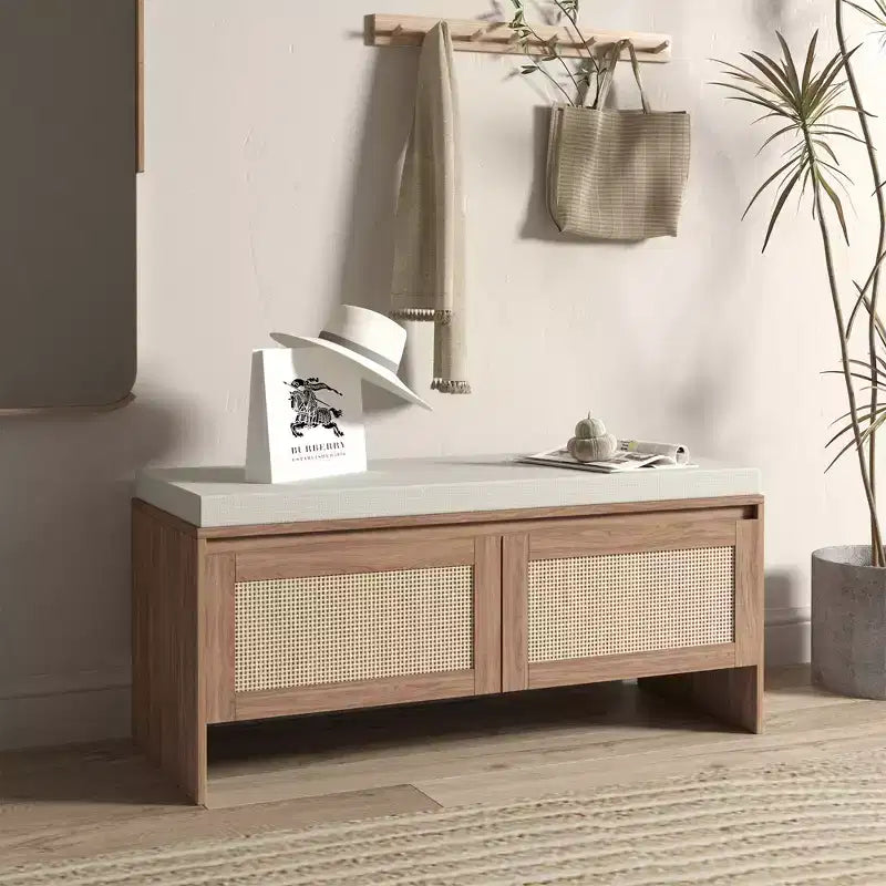 Meuble de rangement pour chaussures en rotin FurnitureR avec coussin, banc à chaussures compact pour entrée avec portes, organisateur pour petits espaces, étagère à chaussures cachée avec assise