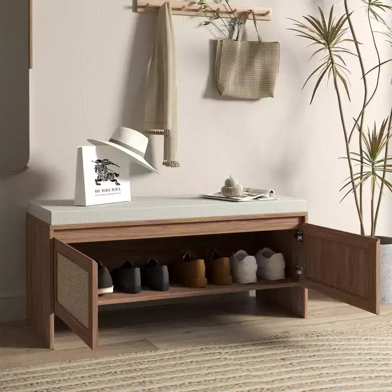 Meuble de rangement pour chaussures en rotin FurnitureR avec coussin, banc à chaussures compact pour entrée avec portes, organisateur pour petits espaces, étagère à chaussures cachée avec assise
