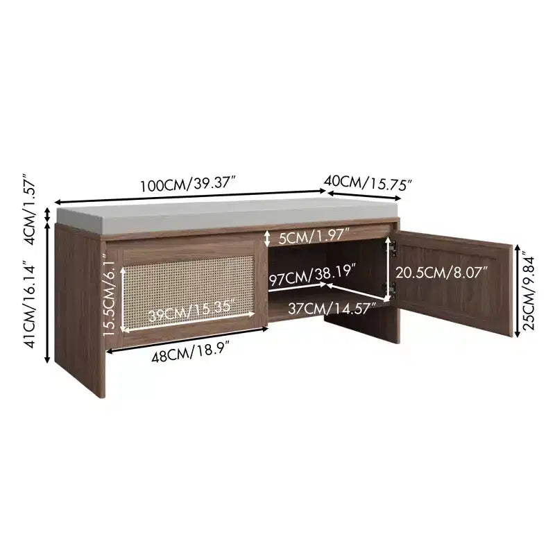 Meuble de rangement pour chaussures en rotin FurnitureR avec coussin, banc à chaussures compact pour entrée avec portes, organisateur pour petits espaces, étagère à chaussures cachée avec assise