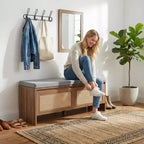 Meuble de rangement pour chaussures en rotin FurnitureR avec coussin, banc à chaussures compact pour entrée avec portes, organisateur pour petits espaces, étagère à chaussures cachée avec assise