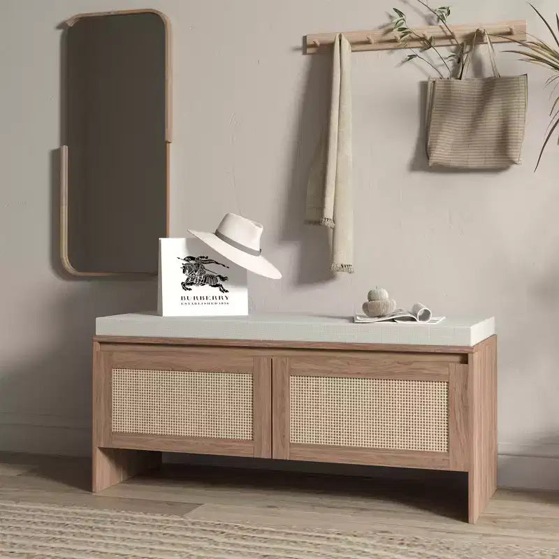 Meuble de rangement pour chaussures en rotin FurnitureR avec coussin, banc à chaussures compact pour entrée avec portes, organisateur pour petits espaces, étagère à chaussures cachée avec assise