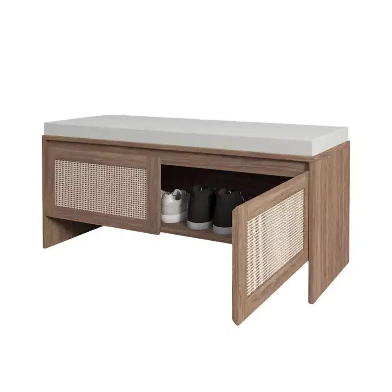 Meuble de rangement pour chaussures en rotin FurnitureR avec coussin, banc à chaussures compact pour entrée avec portes, organisateur pour petits espaces, étagère à chaussures cachée avec assise