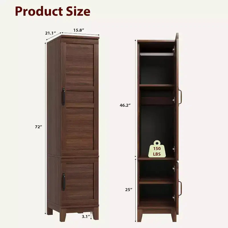Armoire à deux portes avec tringle, armoire étroite et haute de 72 pouces avec 18 étagères réglables.