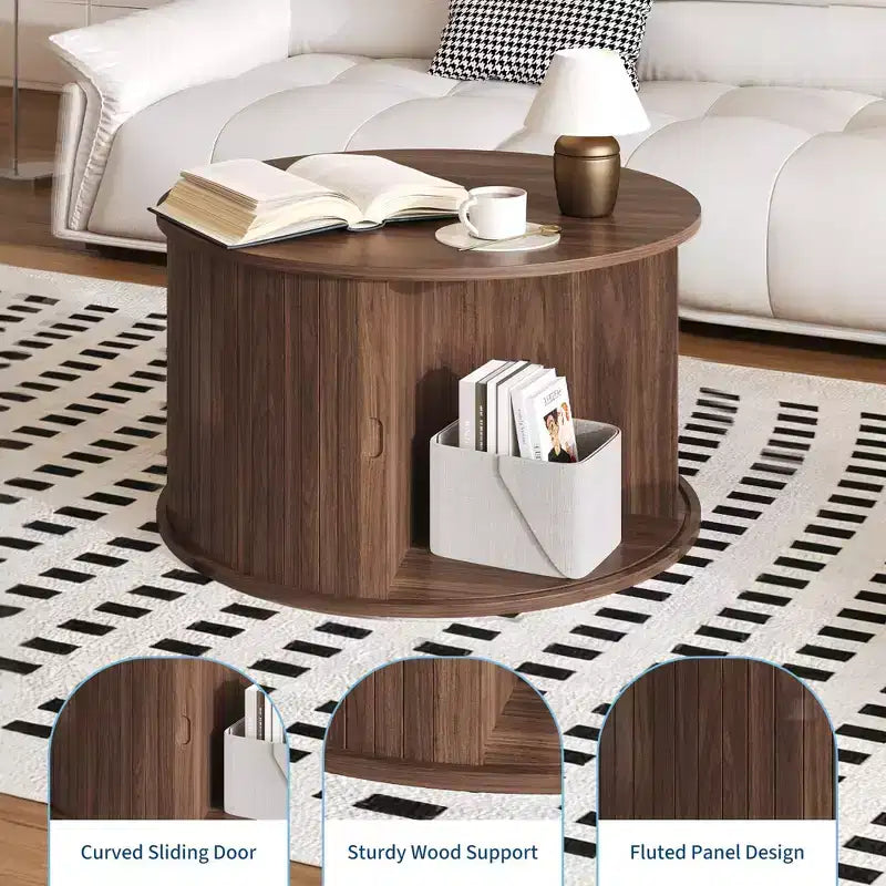Table basse, tables basses rondes avec rangement, table centrale cannelée, table moderne du milieu du siècle de 28 pouces avec porte coulissante pour salon