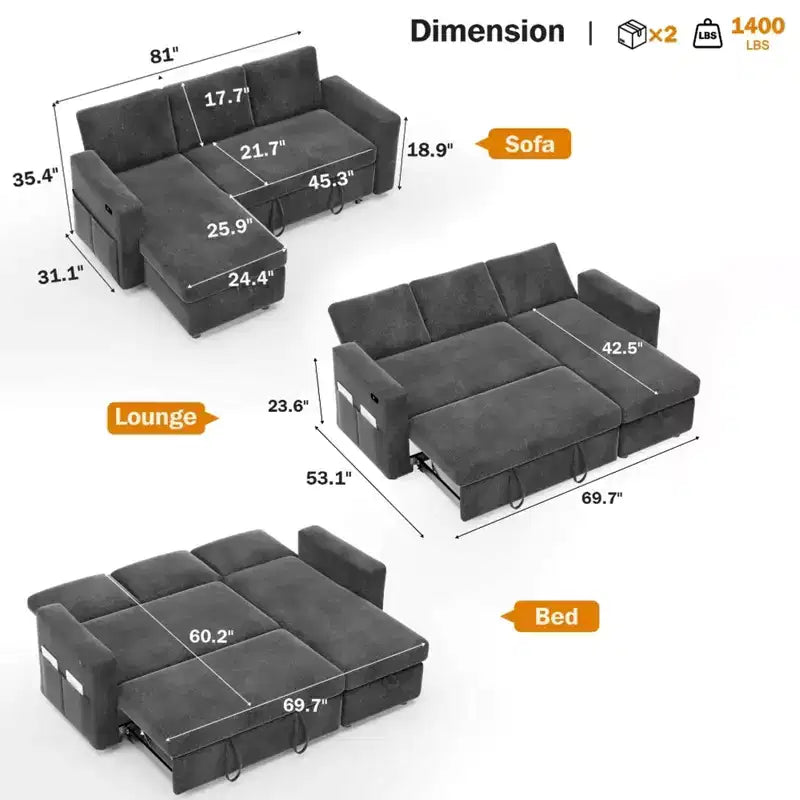 Canapé convertible 2 en 1 Dyonery avec méridienne de rangement, sectionnel en chenille avec ports USB pour salon