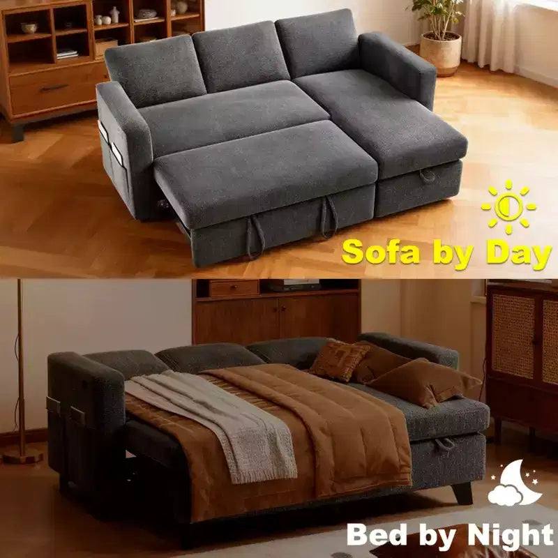 Canapé convertible 2 en 1 Dyonery avec méridienne de rangement, sectionnel en chenille avec ports USB pour salon