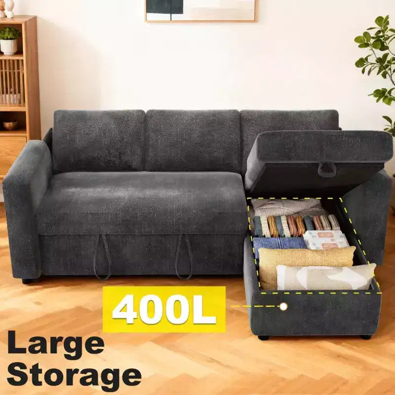 Canapé convertible 2 en 1 Dyonery avec méridienne de rangement, sectionnel en chenille avec ports USB pour salon