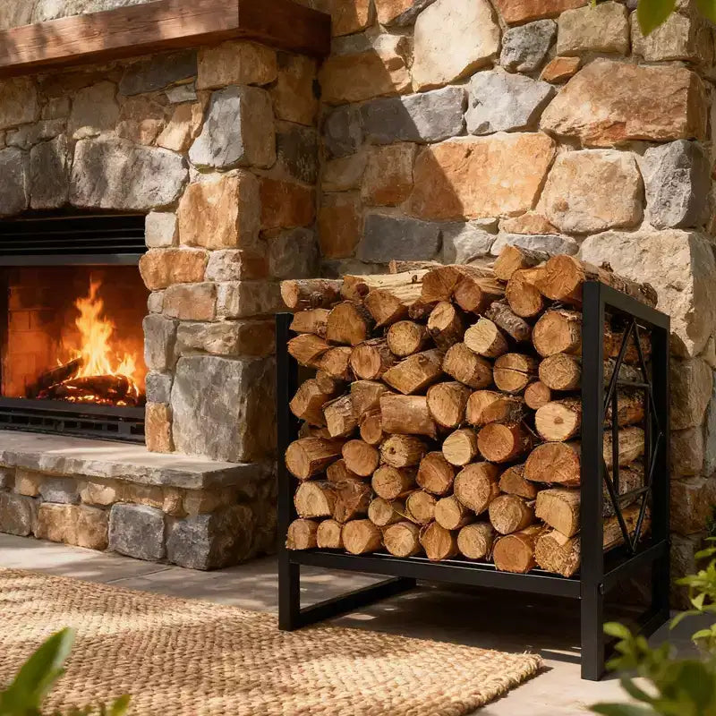 Grand support à bûches robuste de 17,5 pouces en métal, porte-bûches décoratif intérieur/extérieur pour cheminée, terrasse, patio, brasero, barbecue