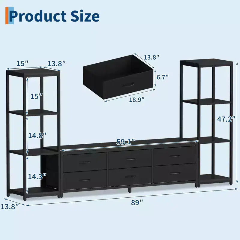 Meuble TV commode industriel moderne pour téléviseur de 75 pouces - 6 tiroirs en tissu - 4 étagères de rangement - Grand meuble console multimédia