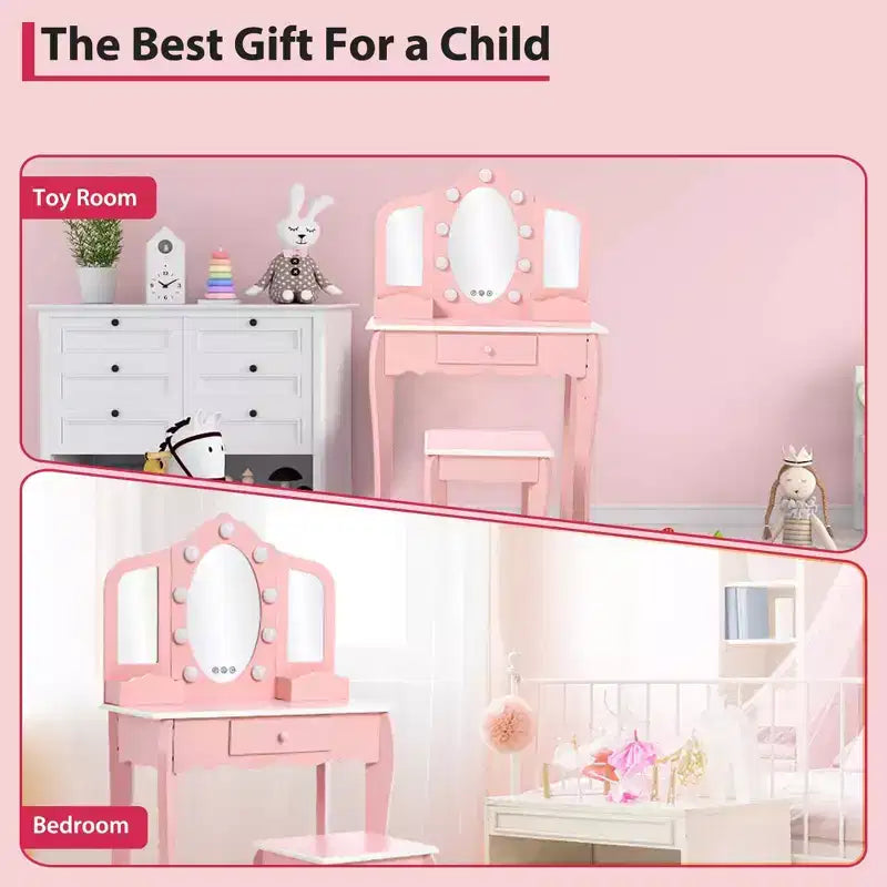 Coiffeuse pour enfants avec miroir éclairé, Table de maquillage pour petites filles