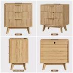 Table de chevet, Table d'appoint de 61 cm avec station de charge et 3 tiroirs, Table de chevet en bois de style moderne du milieu du siècle pour chambre à coucher, Table d'appoint pour salon