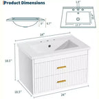 Meuble-lavabo de salle de bain mural flottant de 60 cm avec lavabo intégré, 2 tiroirs et placard de rangement pour salle de bain
