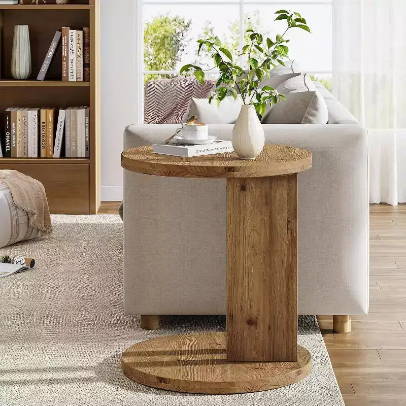 Table d'appoint ronde en bois massif en forme de C Lantine, table d'appoint de style rustique pour canapé et chevet, salon, chambre, marron, assemblage facile