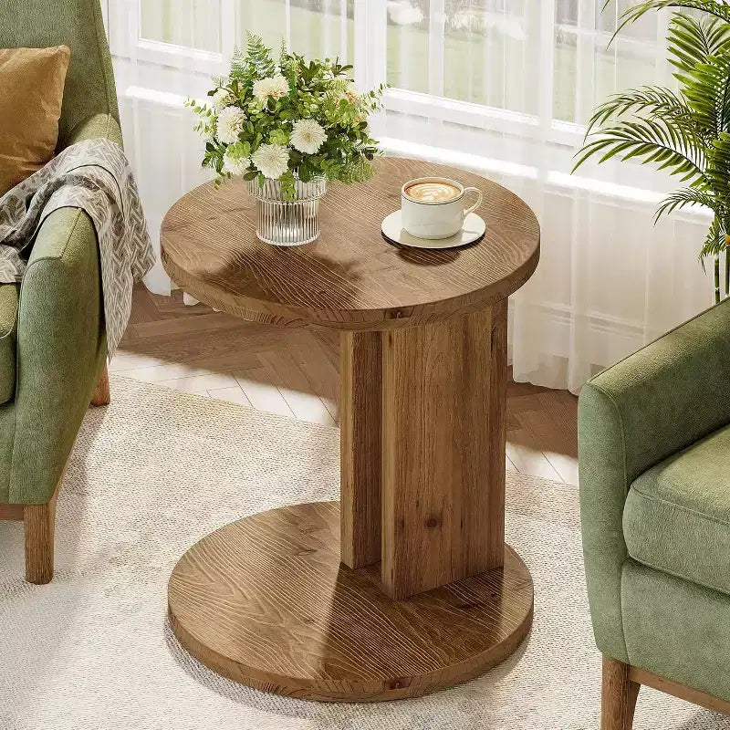 Table d'appoint ronde en bois massif en forme de C Lantine, table d'appoint de style rustique pour canapé et chevet, salon, chambre, marron, assemblage facile