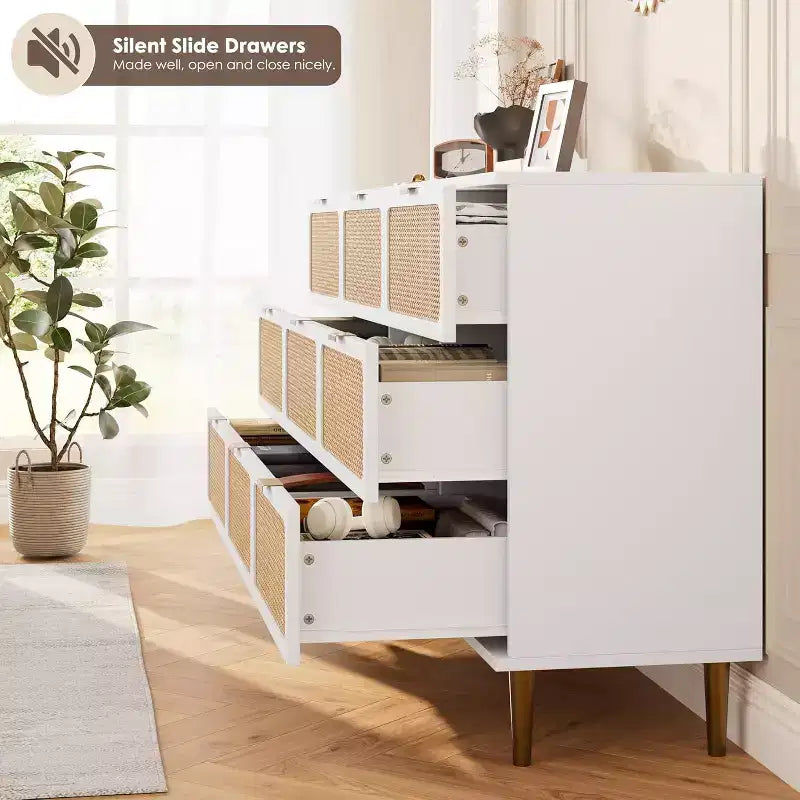 Commode en rotin naturel à 9 tiroirs, meuble de rangement en rotin tressé à la main avec plateau large, chiffonnier en bois haut pour chambre à coucher, salon, couloir