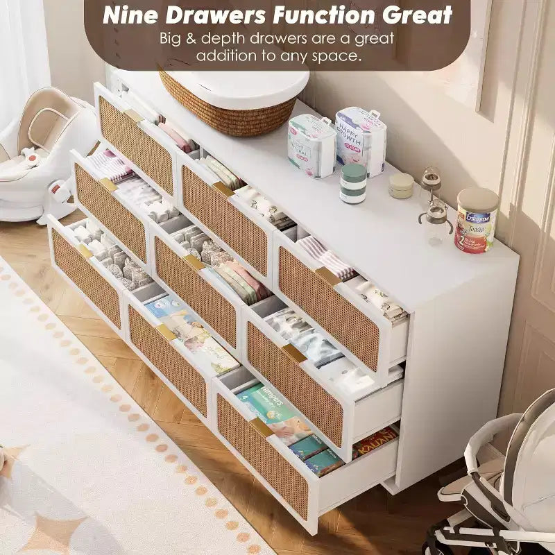 Commode en rotin naturel à 9 tiroirs, meuble de rangement en rotin tressé à la main avec plateau large, chiffonnier en bois haut pour chambre à coucher, salon, couloir