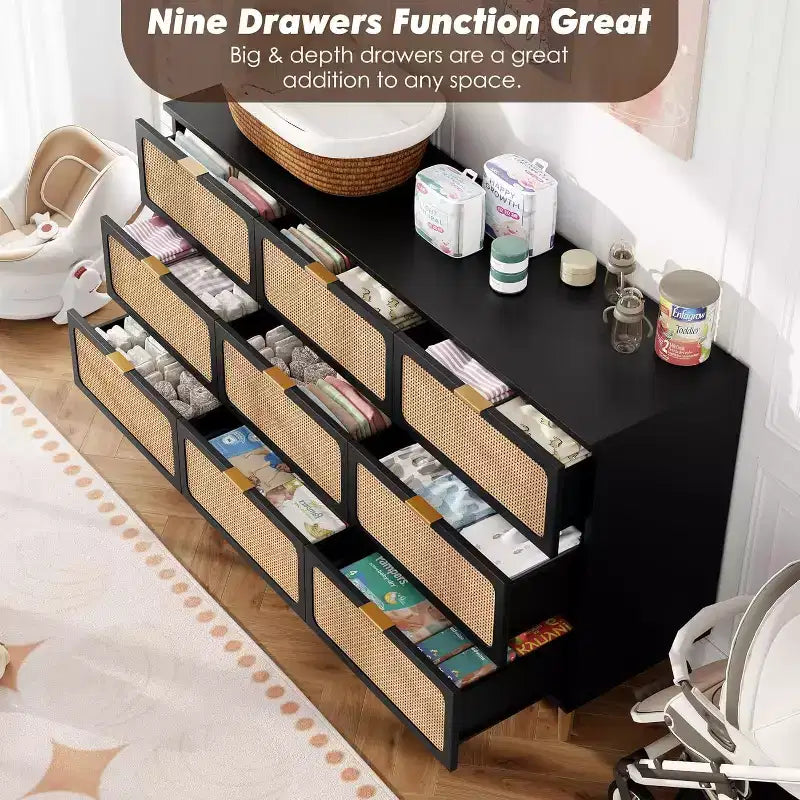 Commode en rotin naturel à 9 tiroirs, meuble de rangement en rotin tressé à la main avec plateau large, chiffonnier en bois haut pour chambre à coucher, salon, couloir
