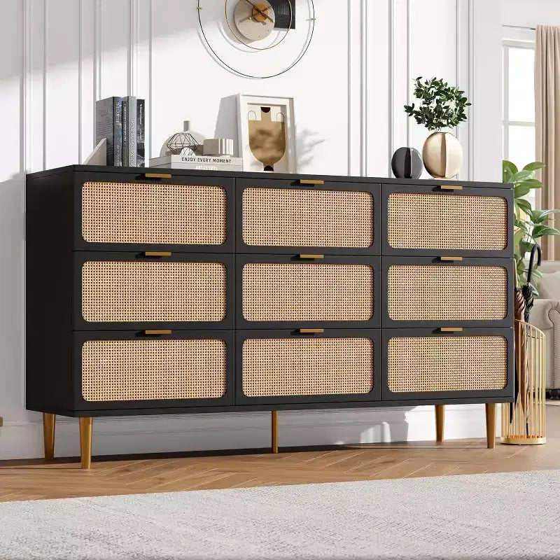 Natural Rattan 9 Drawer Dresser, Handwoven Rattan Storage Cabinet with Wide Top, Tall Wooden Chest of Drawers for Bedroom Living Room Hallway