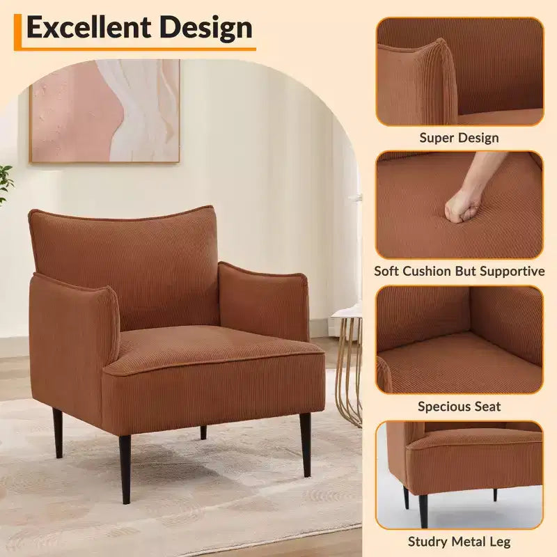 Fauteuil d'appoint Mid-century, Fauteuil de salon Tissu Canapé moderne petit avec deux accoudoirs et pieds en métal pour chambre à coucher, bureau, salle d'étude