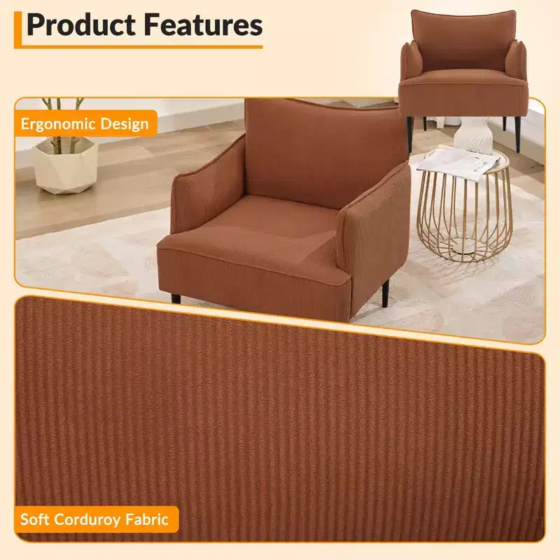 Fauteuil d'appoint Mid-century, Fauteuil de salon Tissu Canapé moderne petit avec deux accoudoirs et pieds en métal pour chambre à coucher, bureau, salle d'étude