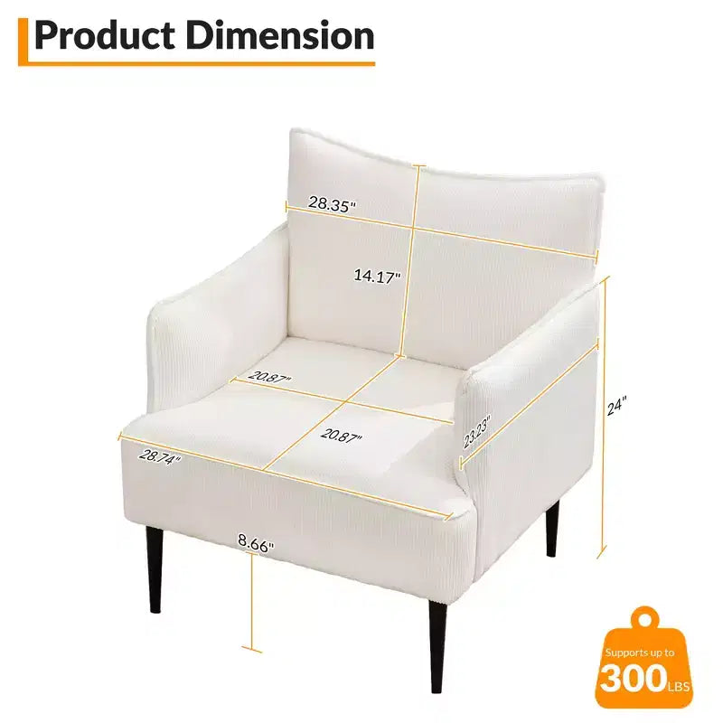 Fauteuil d'appoint Mid-century, Fauteuil de salon Tissu Canapé moderne petit avec deux accoudoirs et pieds en métal pour chambre à coucher, bureau, salle d'étude