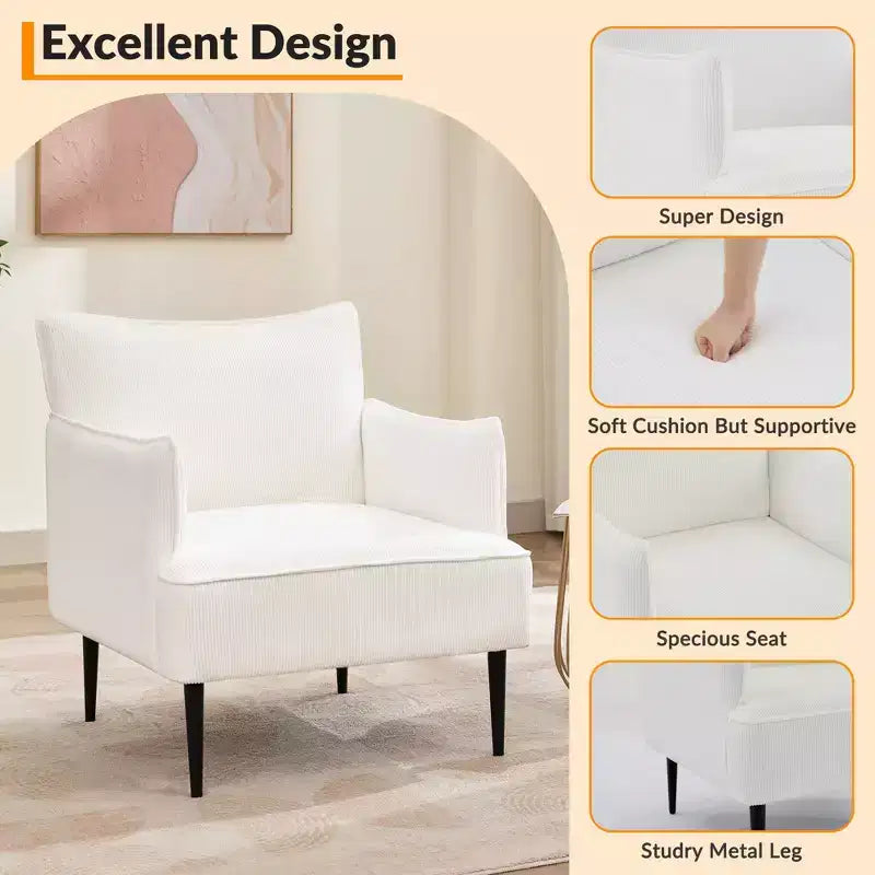 Fauteuil d'appoint Mid-century, Fauteuil de salon Tissu Canapé moderne petit avec deux accoudoirs et pieds en métal pour chambre à coucher, bureau, salle d'étude