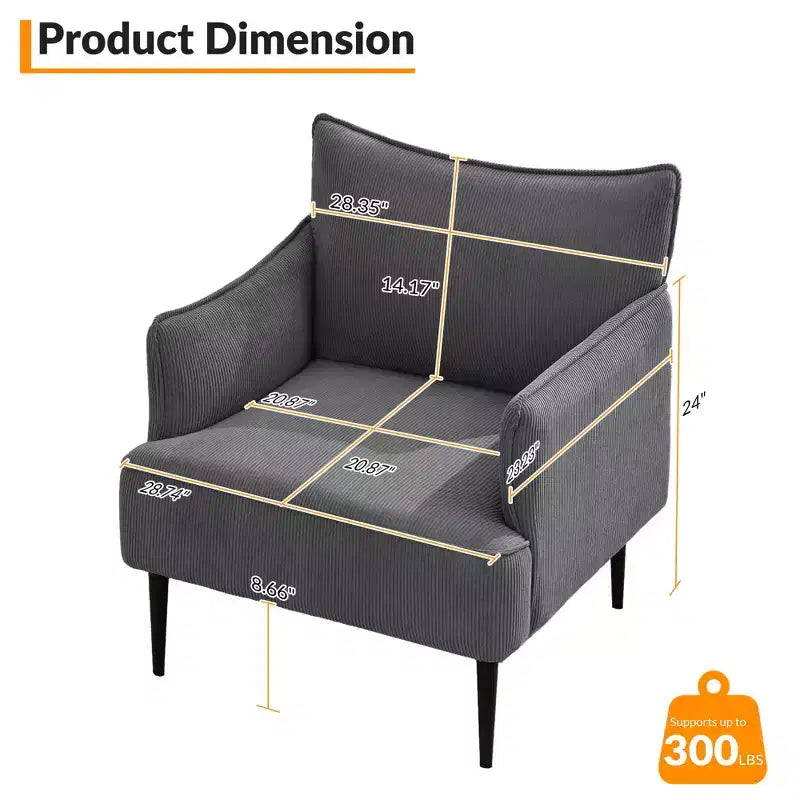 Fauteuil d'appoint Mid-century, Fauteuil de salon Tissu Canapé moderne petit avec deux accoudoirs et pieds en métal pour chambre à coucher, bureau, salle d'étude