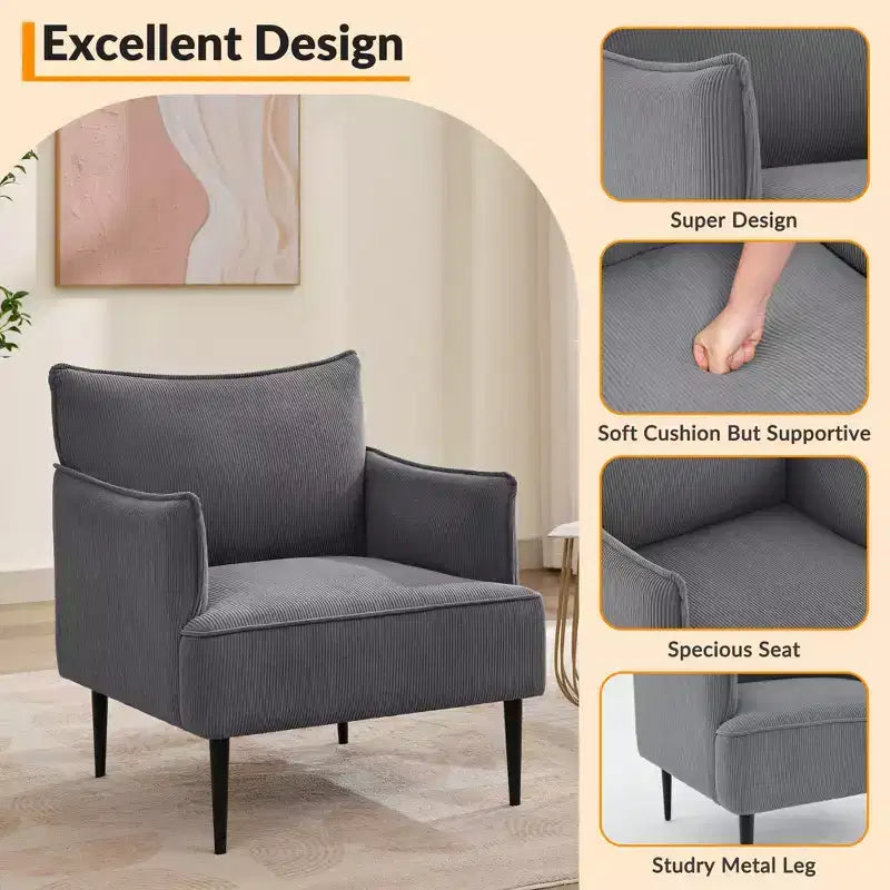 Fauteuil d'appoint Mid-century, Fauteuil de salon Tissu Canapé moderne petit avec deux accoudoirs et pieds en métal pour chambre à coucher, bureau, salle d'étude