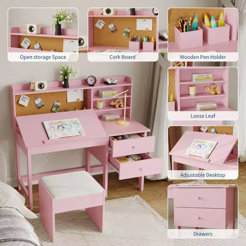 Ensemble bureau et chaise d'étude Acekool pour enfants avec surmeuble, plateau inclinable et rangements pour chambre et école à domicile