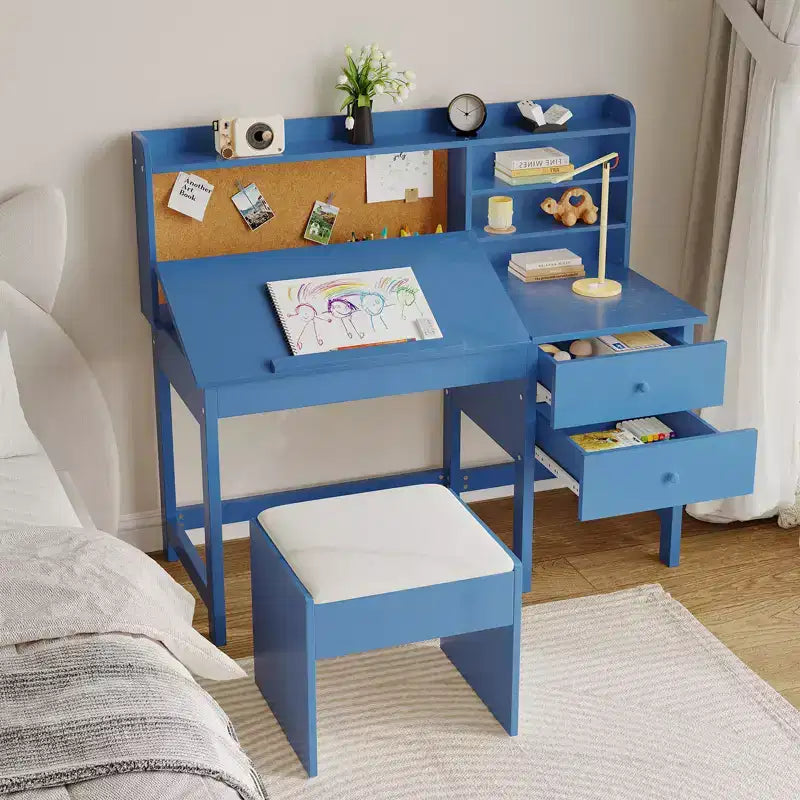 Ensemble bureau et chaise d'étude Acekool pour enfants avec surmeuble, plateau inclinable et rangements pour chambre et école à domicile