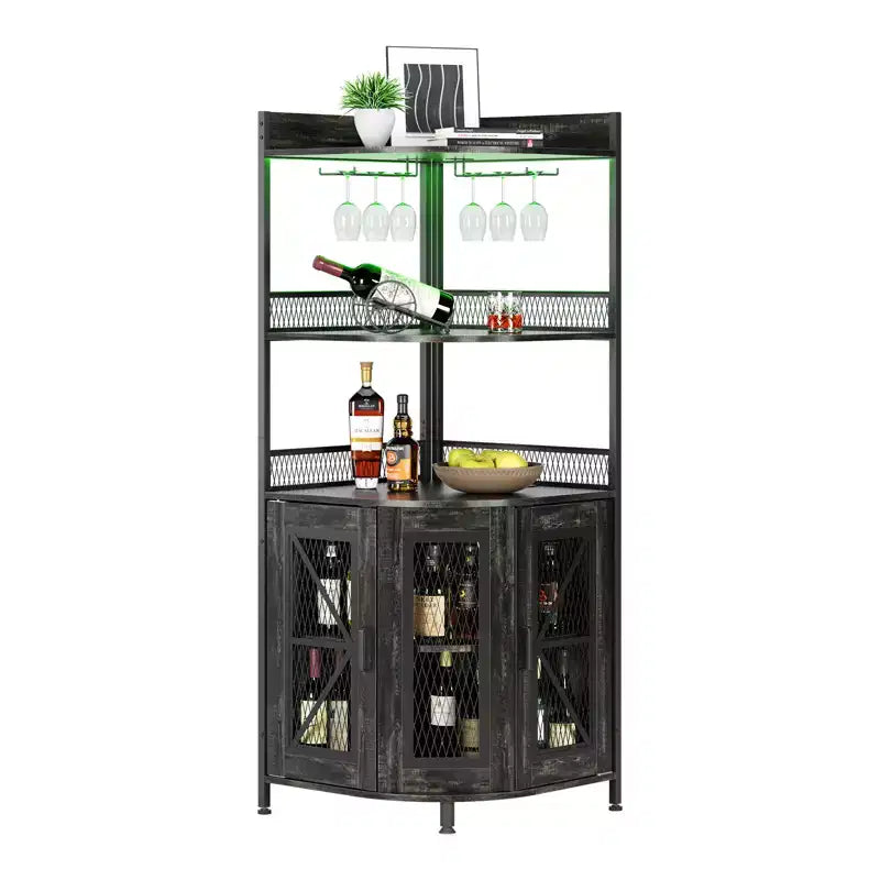 5-Tiers Corner Bar Cabinet with Power Outlet, Industrial Tall Wine Cabinet with LED Lights, Glass Holder, Storage, for Living Room/Kitchen