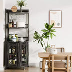 Meuble de Bar d'Angle à 5 Niveaux avec Prise Électrique, Meuble à Vins Industriel Haut avec Lumières LED, Porte-Verres, Rangement, pour Salon/Cuisine