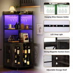 Meuble de Bar d'Angle à 5 Niveaux avec Prise Électrique, Meuble à Vins Industriel Haut avec Lumières LED, Porte-Verres, Rangement, pour Salon/Cuisine