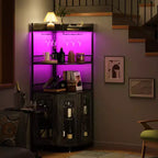 Meuble de Bar d'Angle à 5 Niveaux avec Prise Électrique, Meuble à Vins Industriel Haut avec Lumières LED, Porte-Verres, Rangement, pour Salon/Cuisine