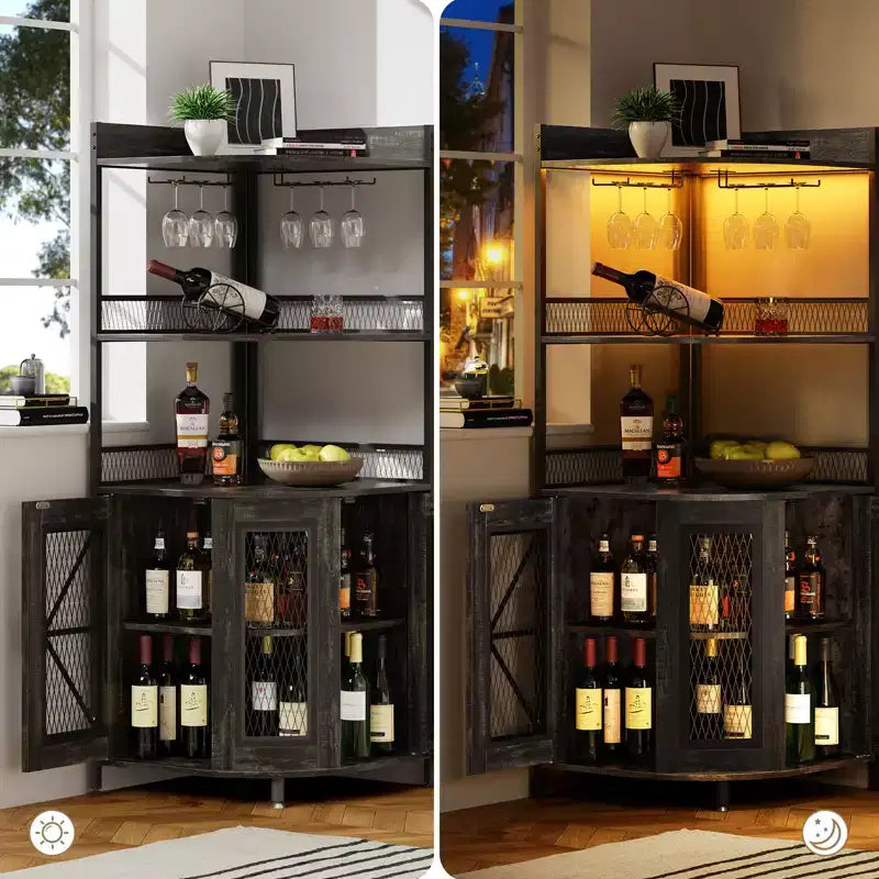 Meuble de Bar d'Angle à 5 Niveaux avec Prise Électrique, Meuble à Vins Industriel Haut avec Lumières LED, Porte-Verres, Rangement, pour Salon/Cuisine
