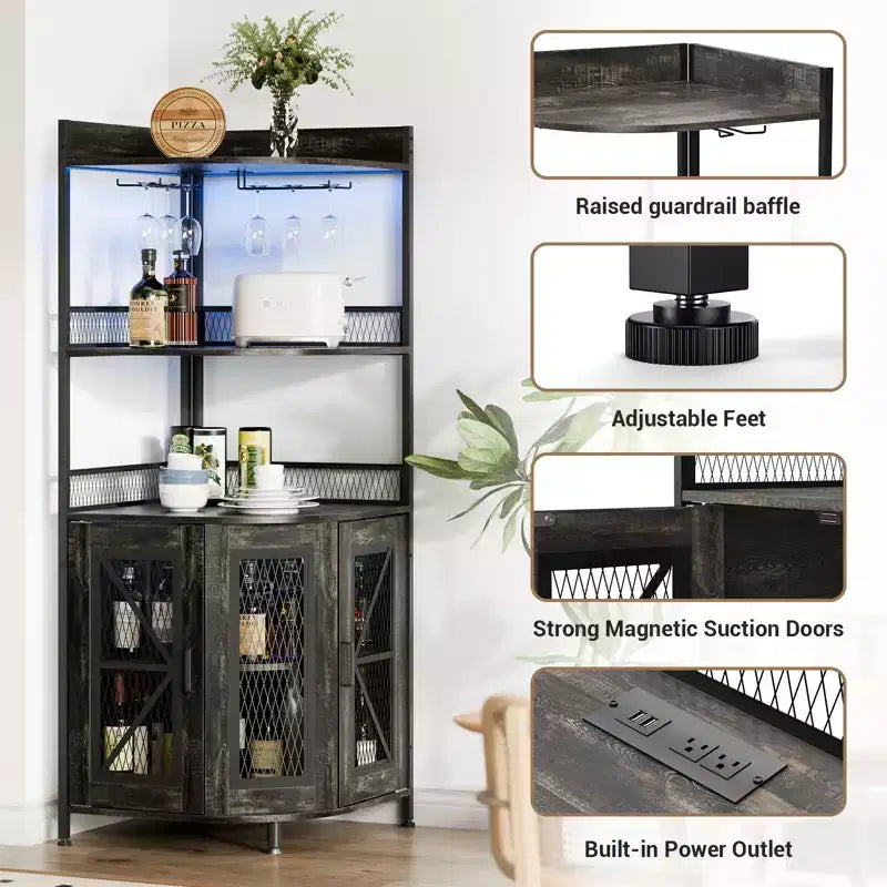 Meuble de Bar d'Angle à 5 Niveaux avec Prise Électrique, Meuble à Vins Industriel Haut avec Lumières LED, Porte-Verres, Rangement, pour Salon/Cuisine