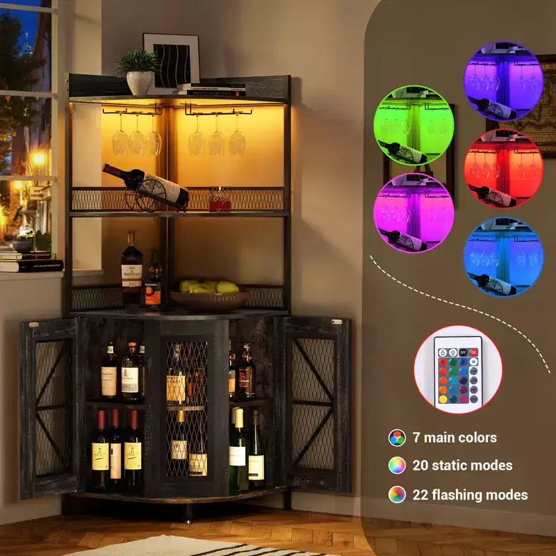 Meuble de Bar d'Angle à 5 Niveaux avec Prise Électrique, Meuble à Vins Industriel Haut avec Lumières LED, Porte-Verres, Rangement, pour Salon/Cuisine